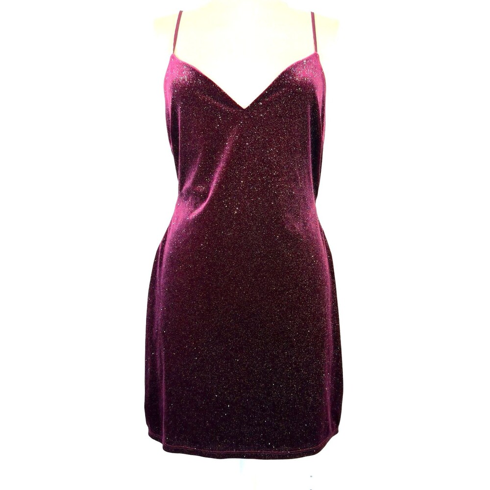 Burgundy Velvet Mini Dress XL Glitter Bow Tie Open Back Bodycon Party B Darlin